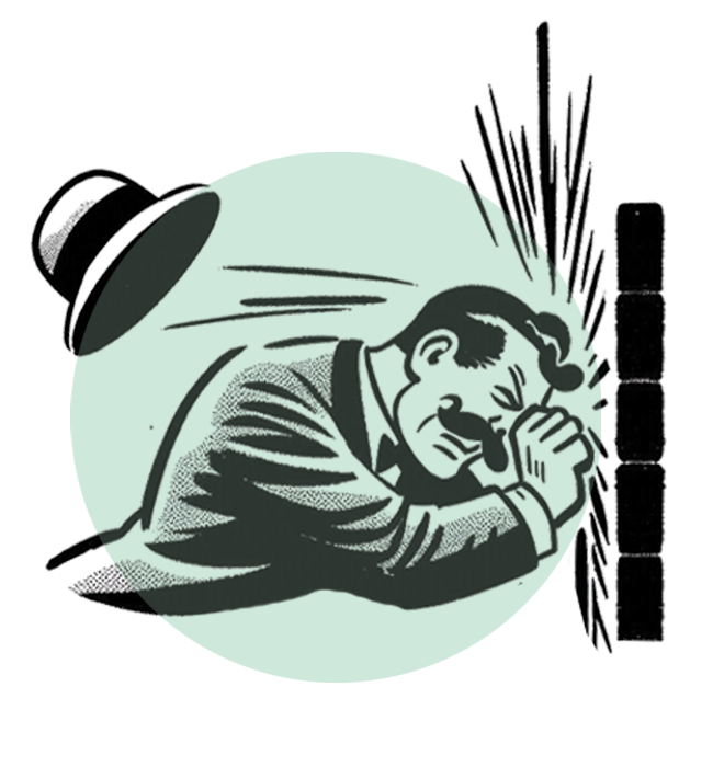 Cartoon person banging their head into a wall